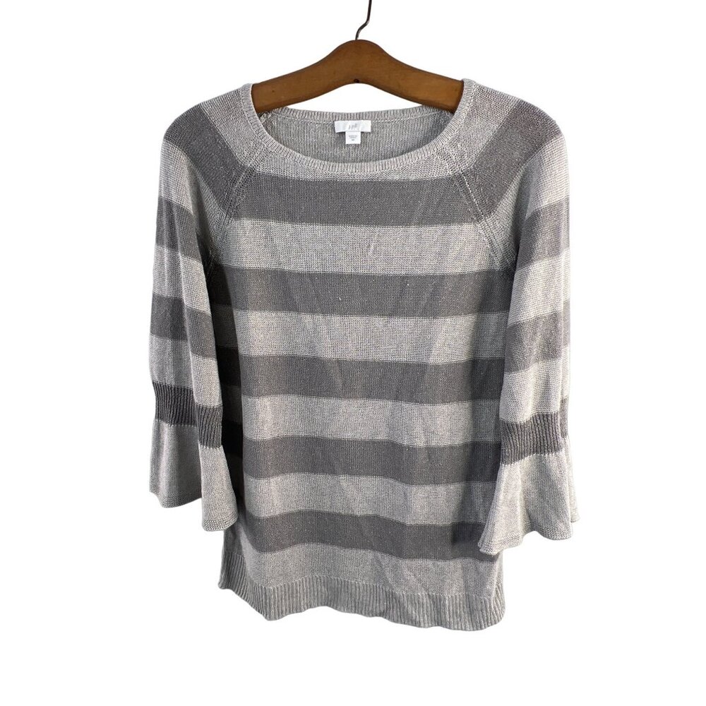 J Jill Striped Sweater Size Extra Small Gray Bell Sleeve Cotton Knit Classic